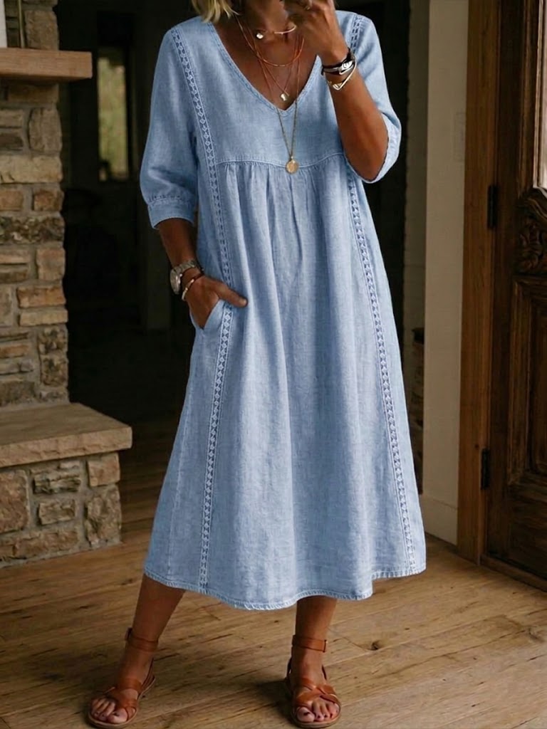 Aurélia | Vestido holgado en efecto lino y algodón con encaje
