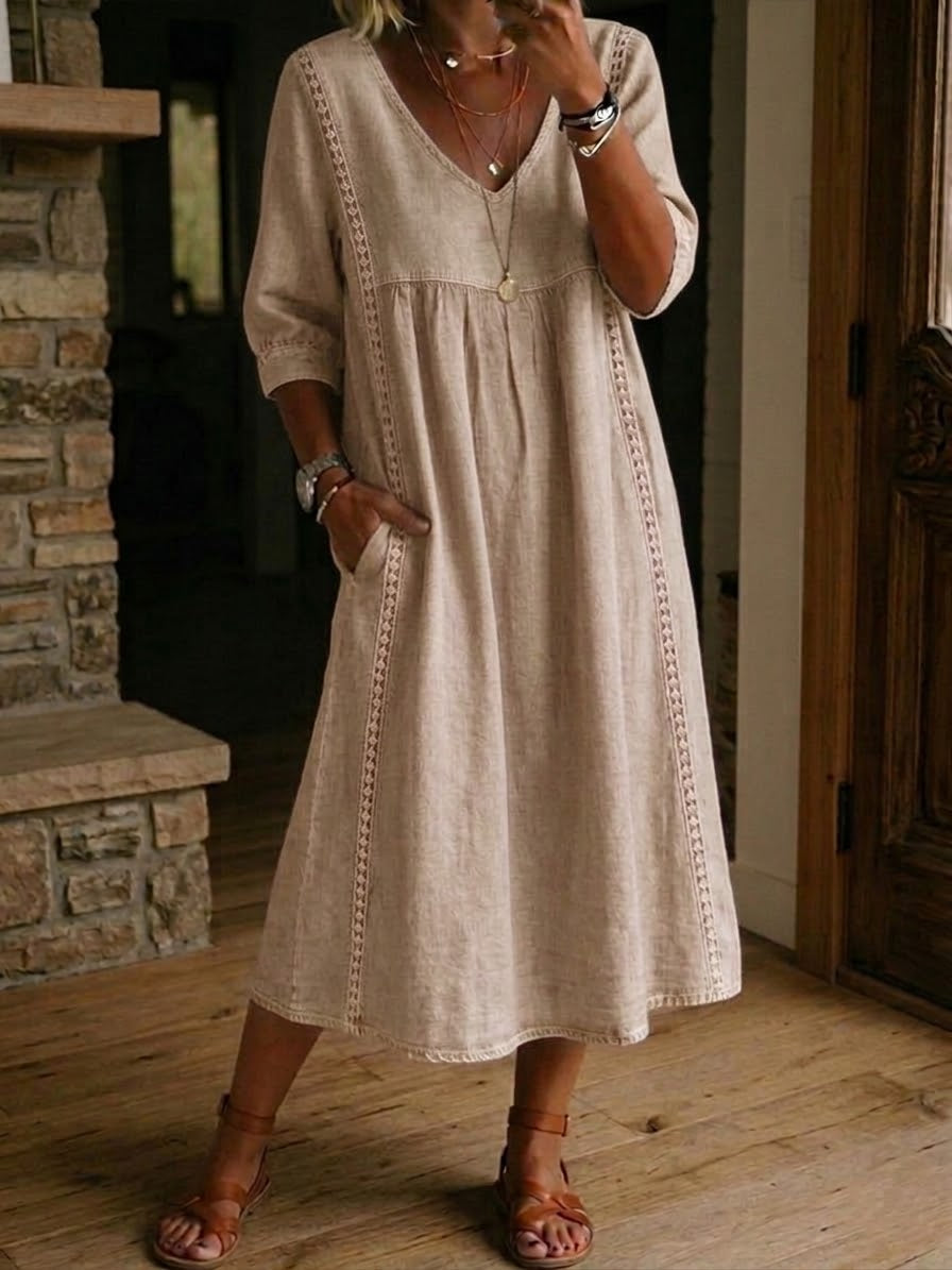 Aurélia | Vestido holgado en efecto lino y algodón con encaje