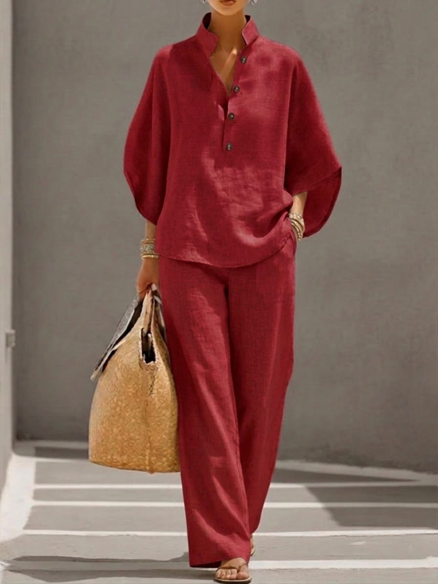 Mariel | Conjunto efecto algodón y lino con mangas murciélago y pantalones anchos
