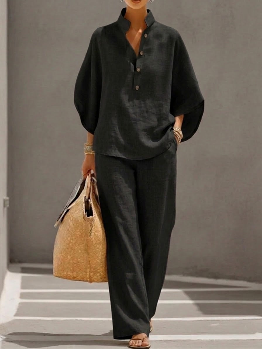 Mariel | Conjunto efecto algodón y lino con mangas murciélago y pantalones anchos