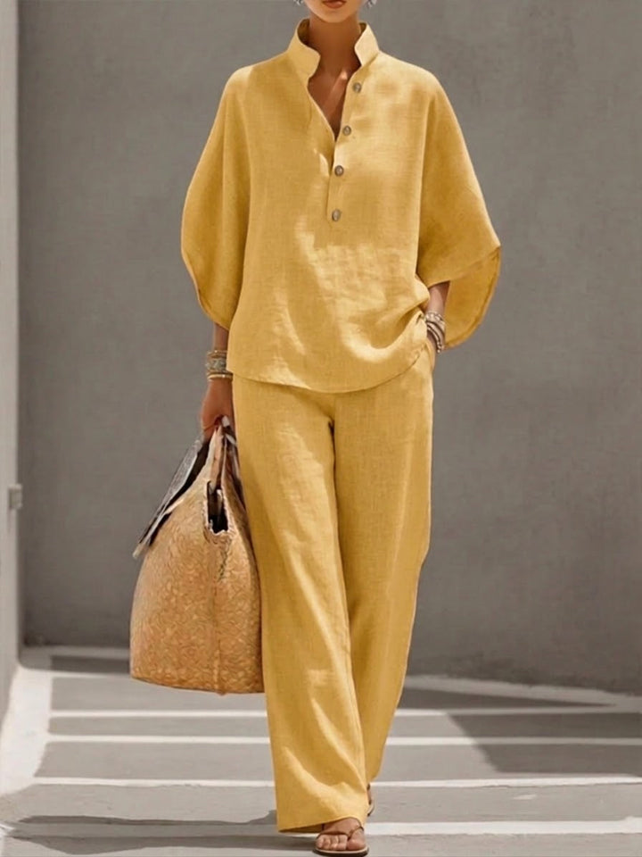 Mariel | Conjunto efecto algodón y lino con mangas murciélago y pantalones anchos
